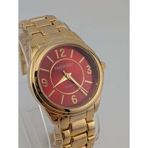 Embassy Watch Women 32mm Case Red Dial 7.25" Gold Band- New Battery‎